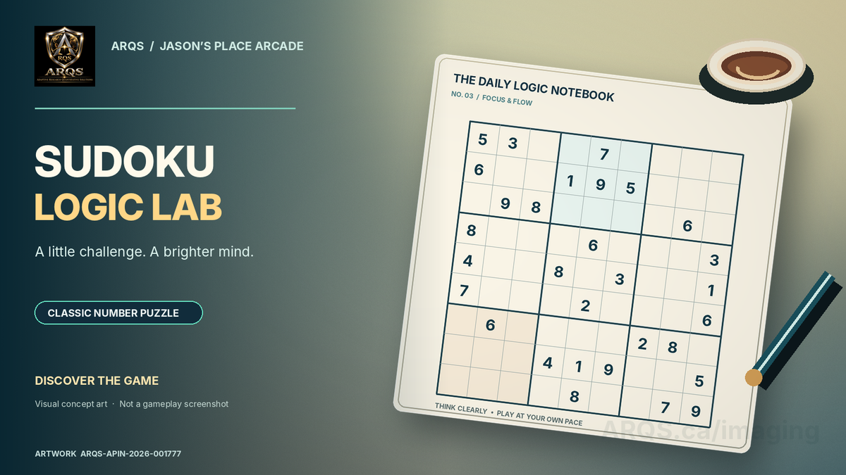 ARQS Sudoku Logic Lab concept artwork, not a gameplay screenshot. Registered artwork ARQS-APIN-2026-001777; product ARQS-APIN-2026-000816.