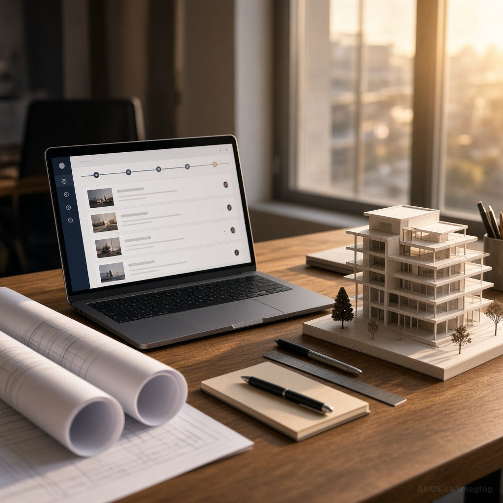 Architecture studio desk at golden hour with a laptop client portal timeline, rolled blueprints and a white building model