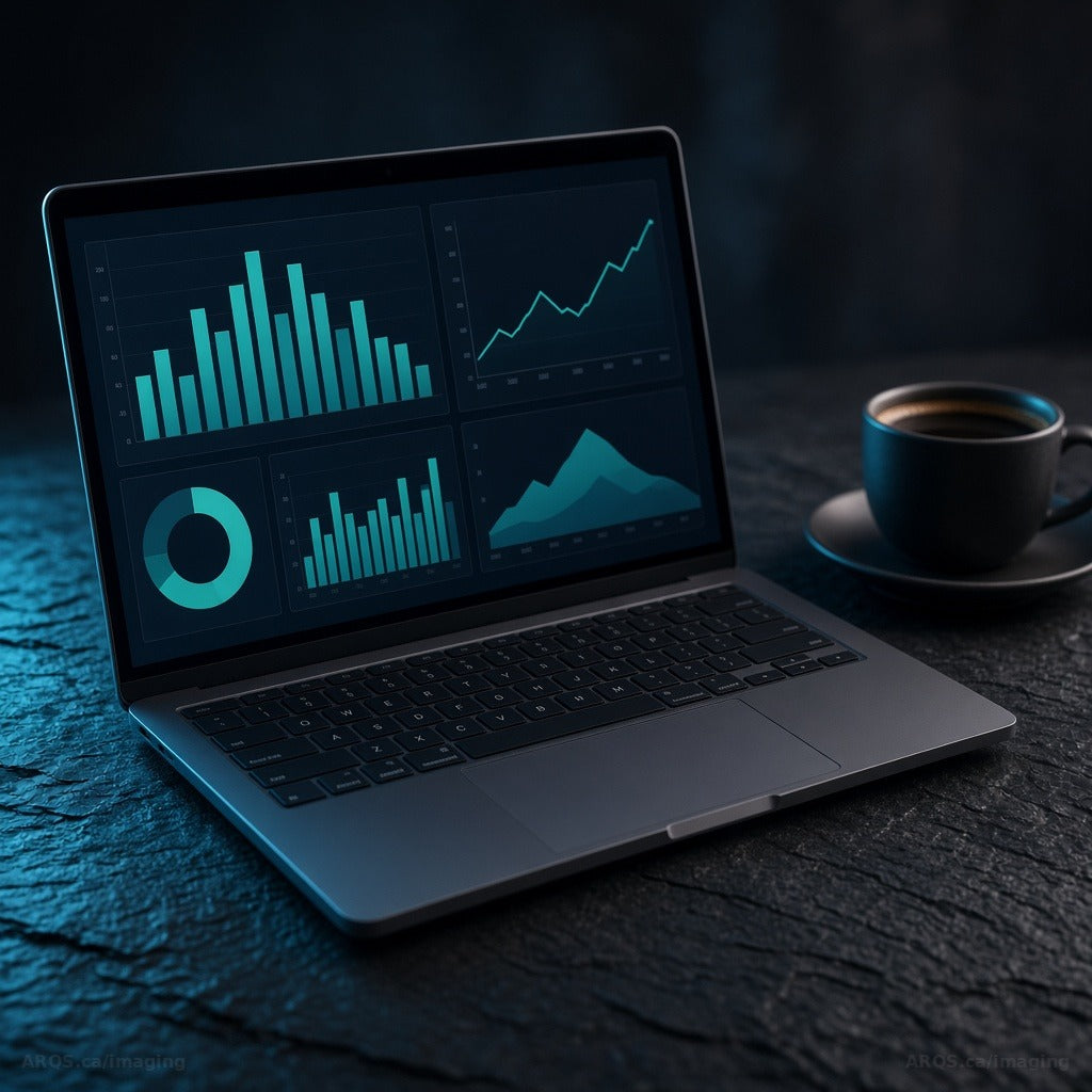 Laptop on a dark slate desk showing a teal cloud cost dashboard beside a cup of black coffee