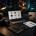 Creative studio desk at night with a camera, a laptop storefront grid, a tablet content calendar and packaged product boxes