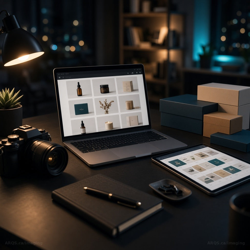 Creative studio desk at night with a camera, a laptop storefront grid, a tablet content calendar and packaged product boxes