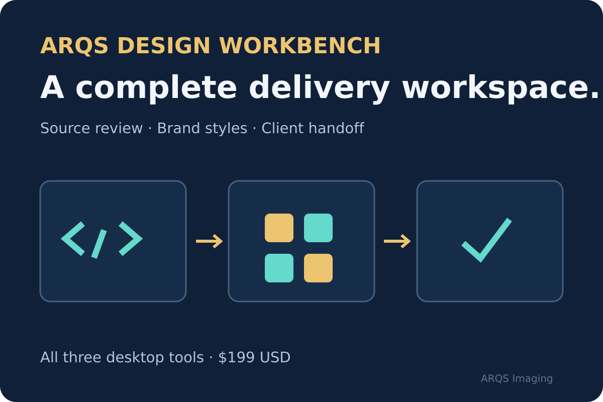 ARQS Design Workbench — all three source, styles and handoff tools