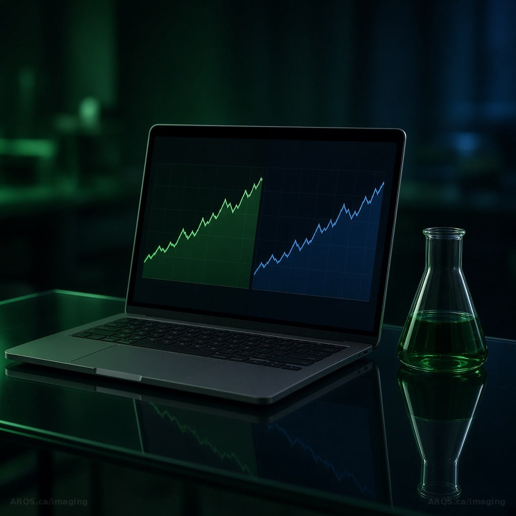 Laptop on a black glass desk showing green and blue A/B test charts beside a flask of emerald liquid