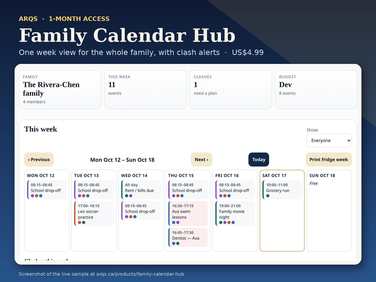 Family Calendar Hub — 1-month access: product card with a screenshot of the live sample app