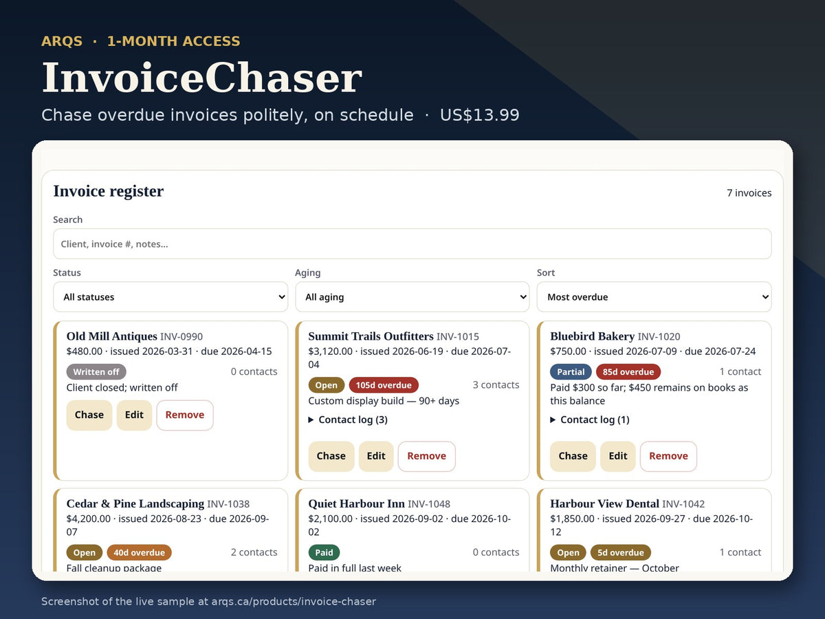 InvoiceChaser — 1 month access: product card with a screenshot of the live sample app