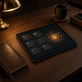 Tablet on a walnut desk showing linked knowledge cards and a glowing network graph beside a leather notebook