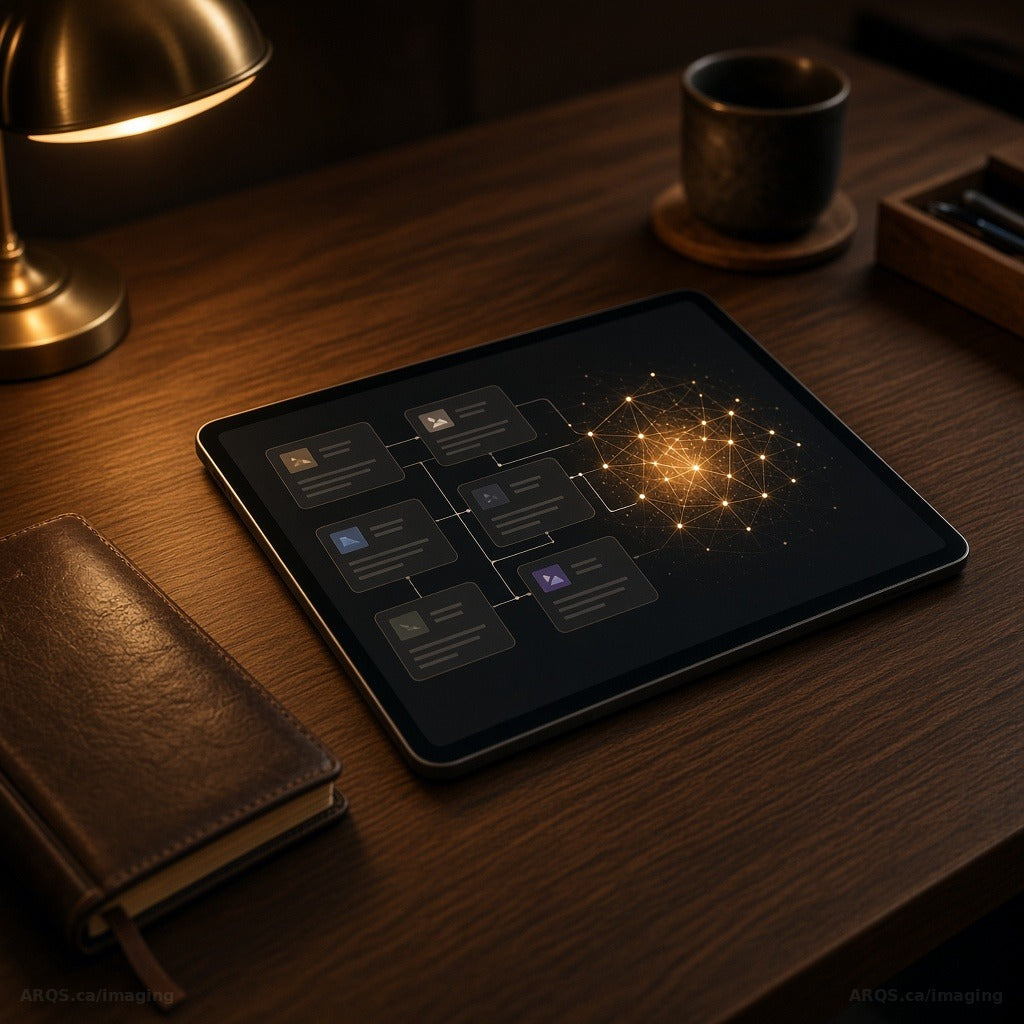 Tablet on a walnut desk showing linked knowledge cards and a glowing network graph beside a leather notebook