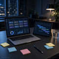 Meeting room table at night with a laptop project status board and a tablet gantt timeline beside sticky notes
