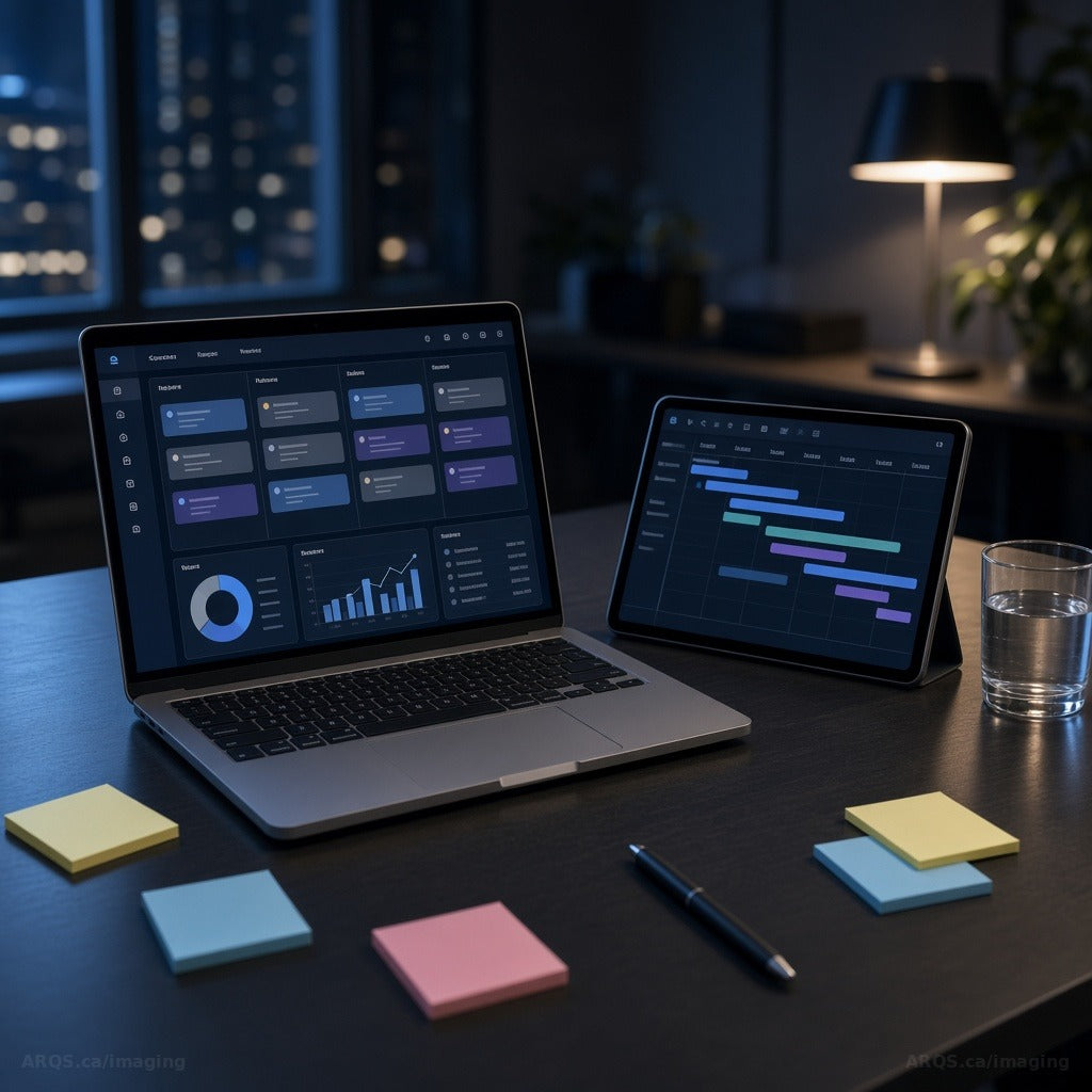 Meeting room table at night with a laptop project status board and a tablet gantt timeline beside sticky notes