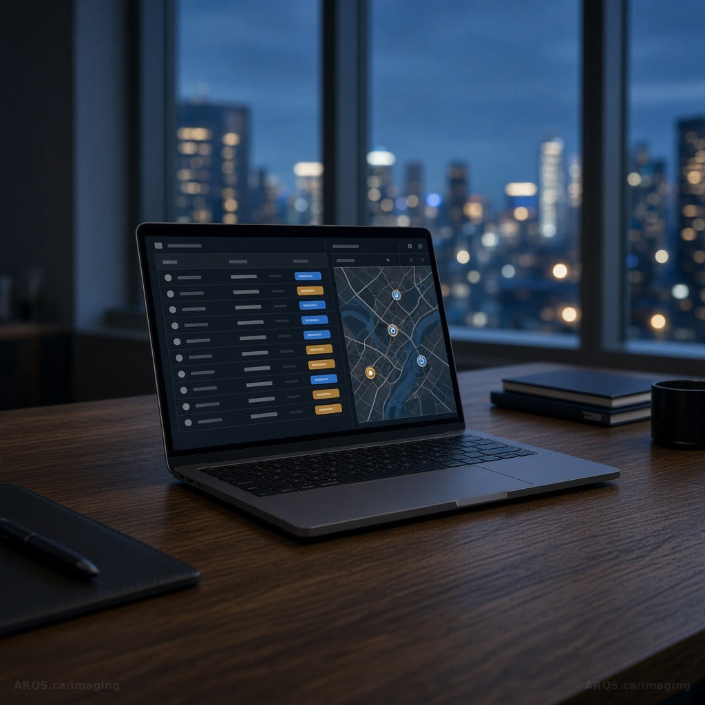 Laptop on an oak boardroom table showing a scored prospect list and map with city lights behind