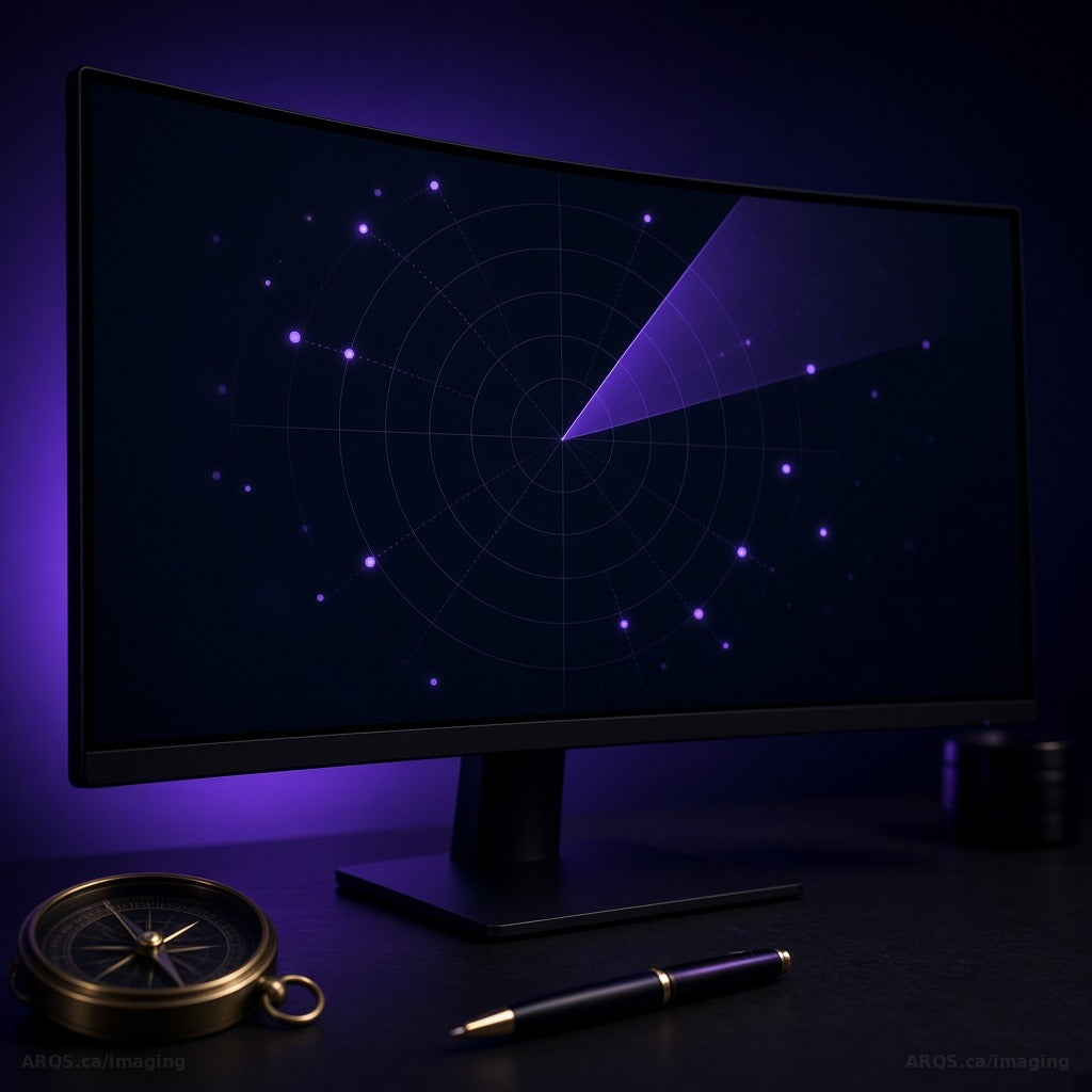 Curved monitor in a violet-lit studio showing a radar sweep chart beside a brass compass and pen