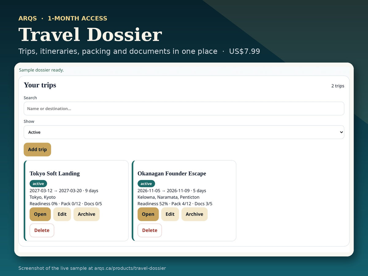 Travel Dossier 1-month access: product card with a screenshot of the live sample app