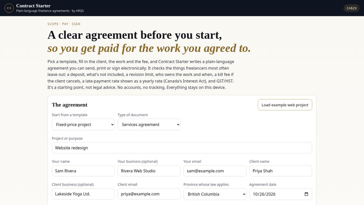 Contract Starter — plain-language freelance agreements by ARQS