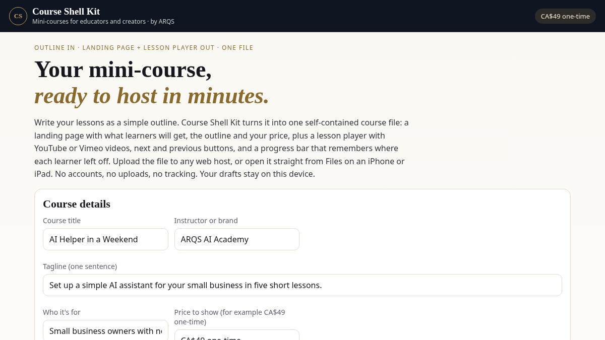 Course Shell Kit — mini-course landing page and lesson player by ARQS