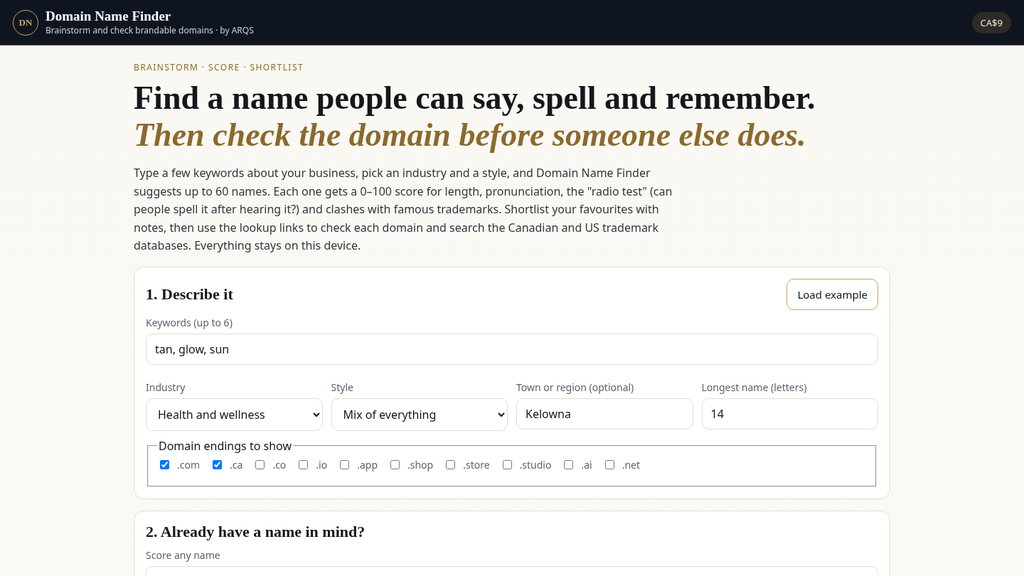 Domain Name Finder by ARQS: brainstorm and check brandable domains