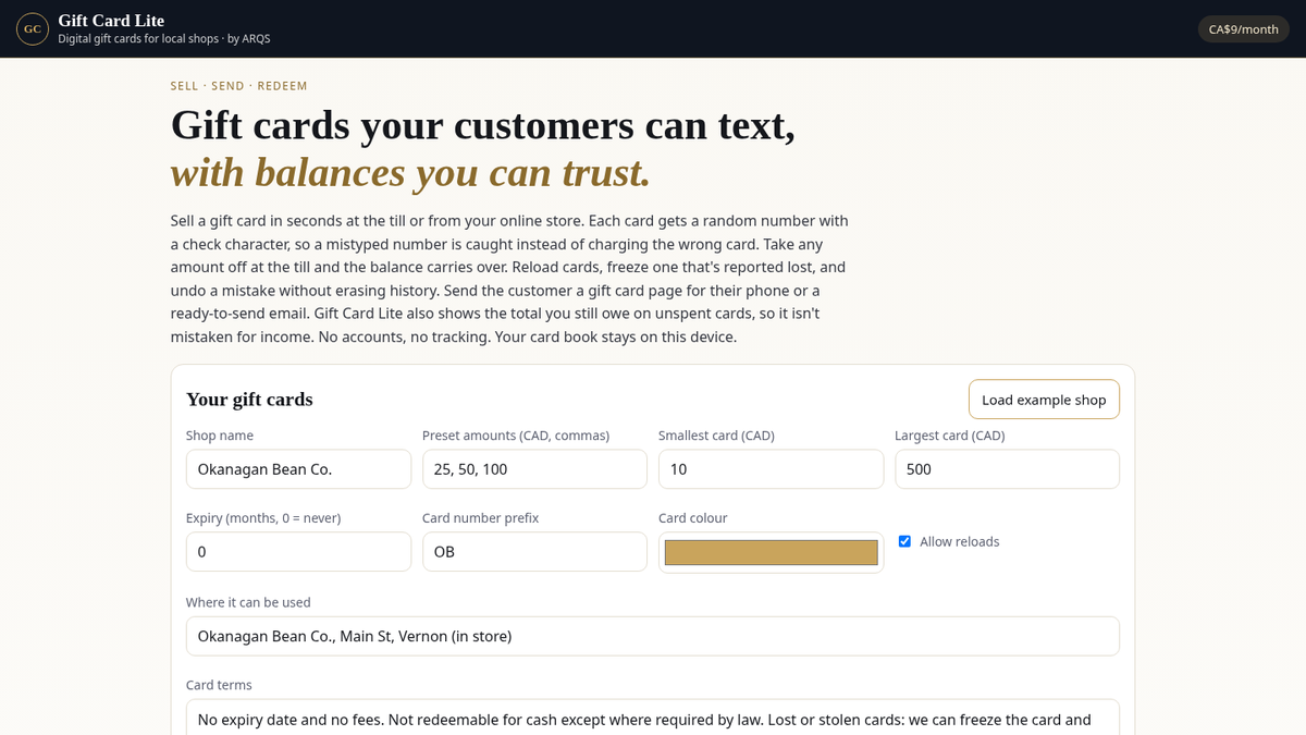 Gift Card Lite — digital gift cards for local shops by ARQS