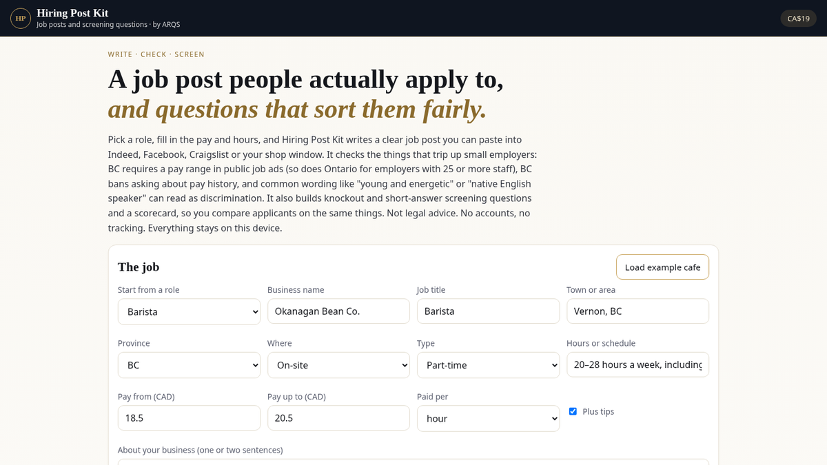 Hiring Post Kit — job posts and screening questions for small businesses by ARQS