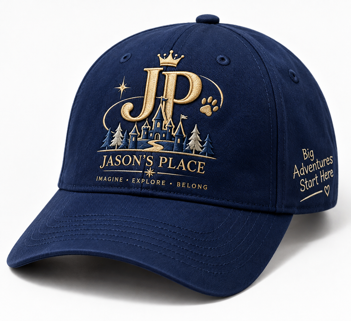 Jason's Place navy Adventure Cap with embroidered JP castle logo