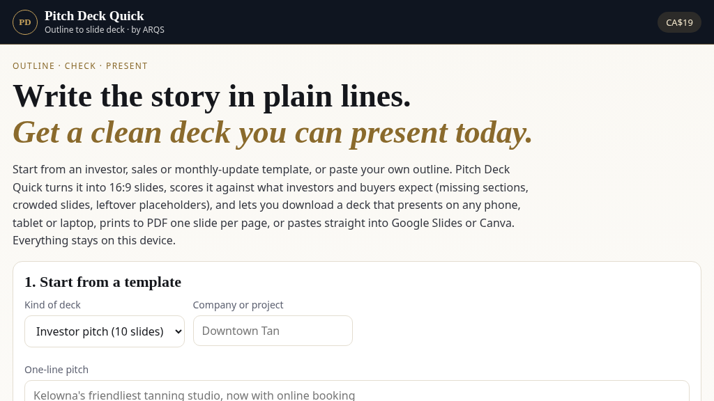 Pitch Deck Quick by ARQS: outline to slide deck
