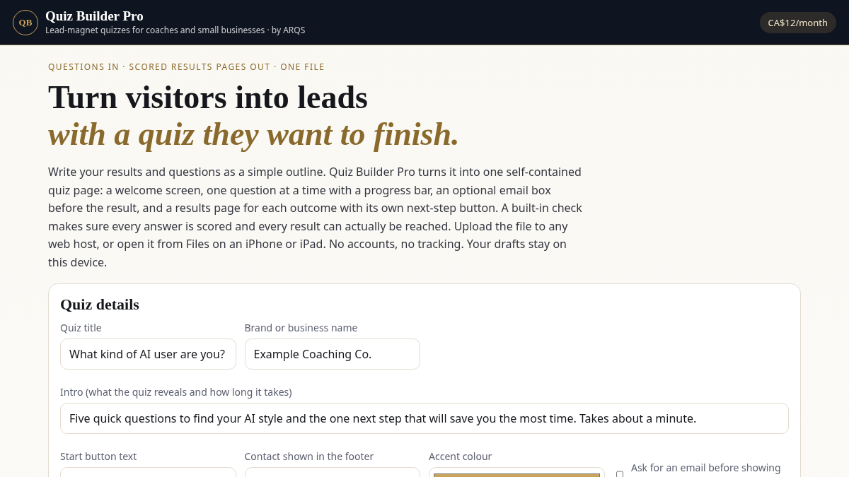 Quiz Builder Pro — lead-magnet quizzes with results pages by ARQS