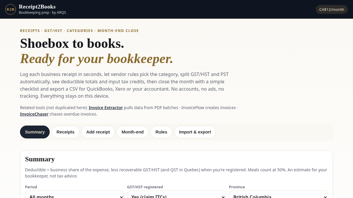 Receipt2Books — bookkeeping prep tool by ARQS