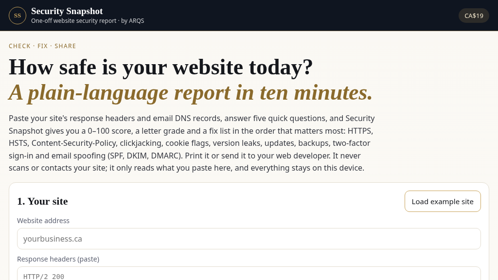 Security Snapshot by ARQS: one-off website security report