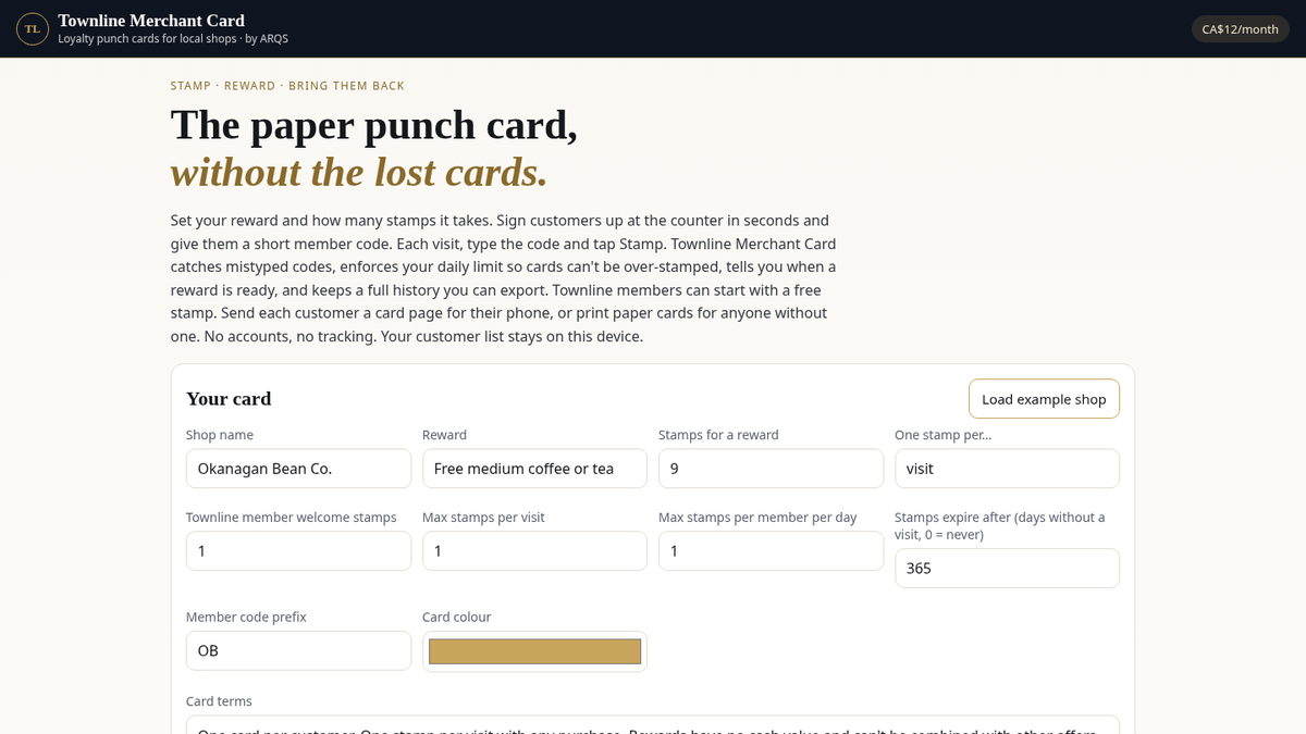 Townline Merchant Card — digital loyalty punch card for local shops by ARQS